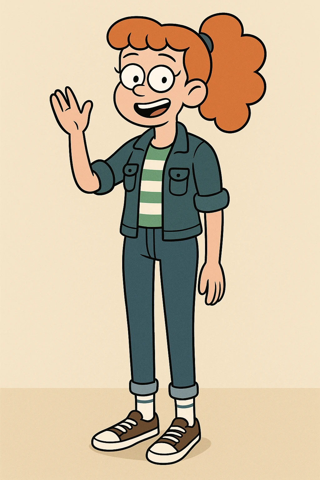 A girl Orange curly ponytail white green stripes ddre sshair jacket jeans blue sports striped socks brown converse women's chuck taylor all star shoreline slip on casual shoe wave and say hello emoji