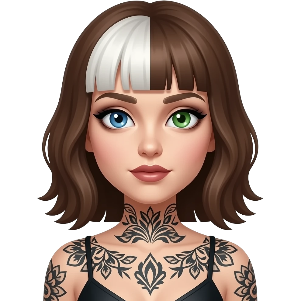One blue eye one green eye pale white woman with brown hair with white streak in front and dark feminine makeup and body tattoos emoji