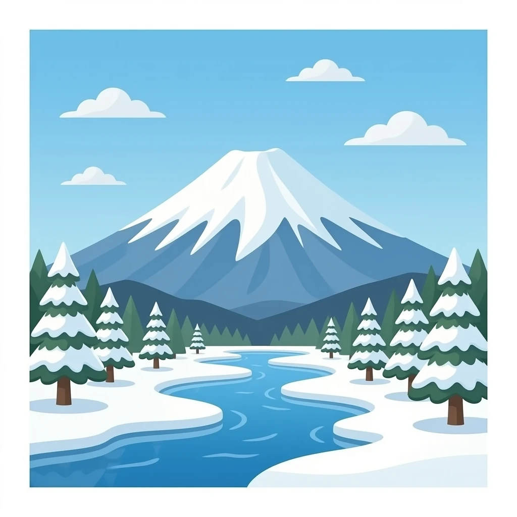 Japan snowy mountains with trees and water emoji