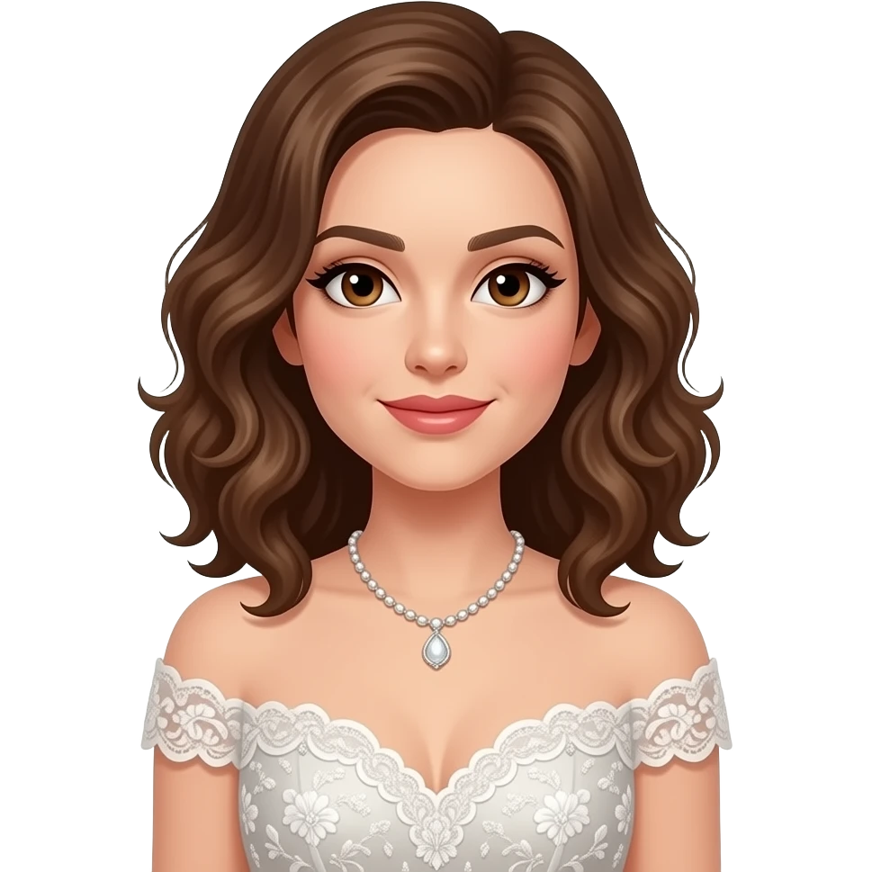 femme, cheveux mi-longs bruns ondulés, yeux marron, en belle robe d'invité emoji