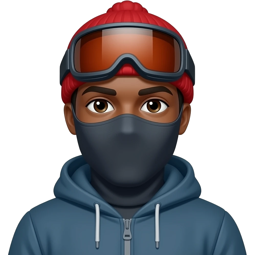 a Black individual wearing a ski mask or balaclava. Pose the Black individual standing. And has a red hat on emoji