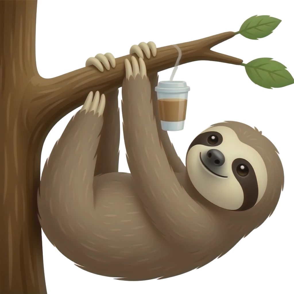 hanging sloth with long limbs big tree drink morning coffee emoji
