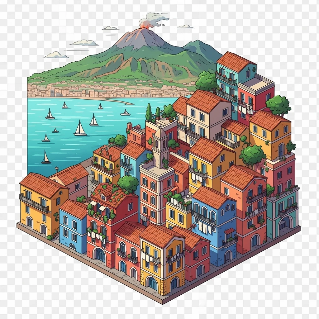 Isometric illustration of Naples, featuring colorful stacked coastal houses and Mount Vesuvius in the background, highly detailed in semi-realistic style with sharp outlines, balanced between stylized and realistic, 3D miniature effect, transparent background. emoji