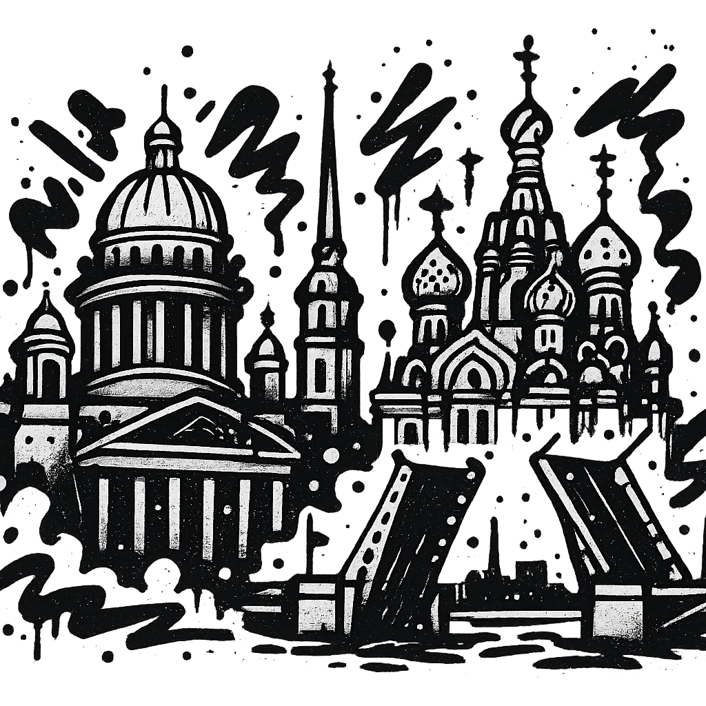 Сделай png рисунок Санкт-Петербурга в стиле граффити. Граффити черно-белое. Надписи не делай.  emoji