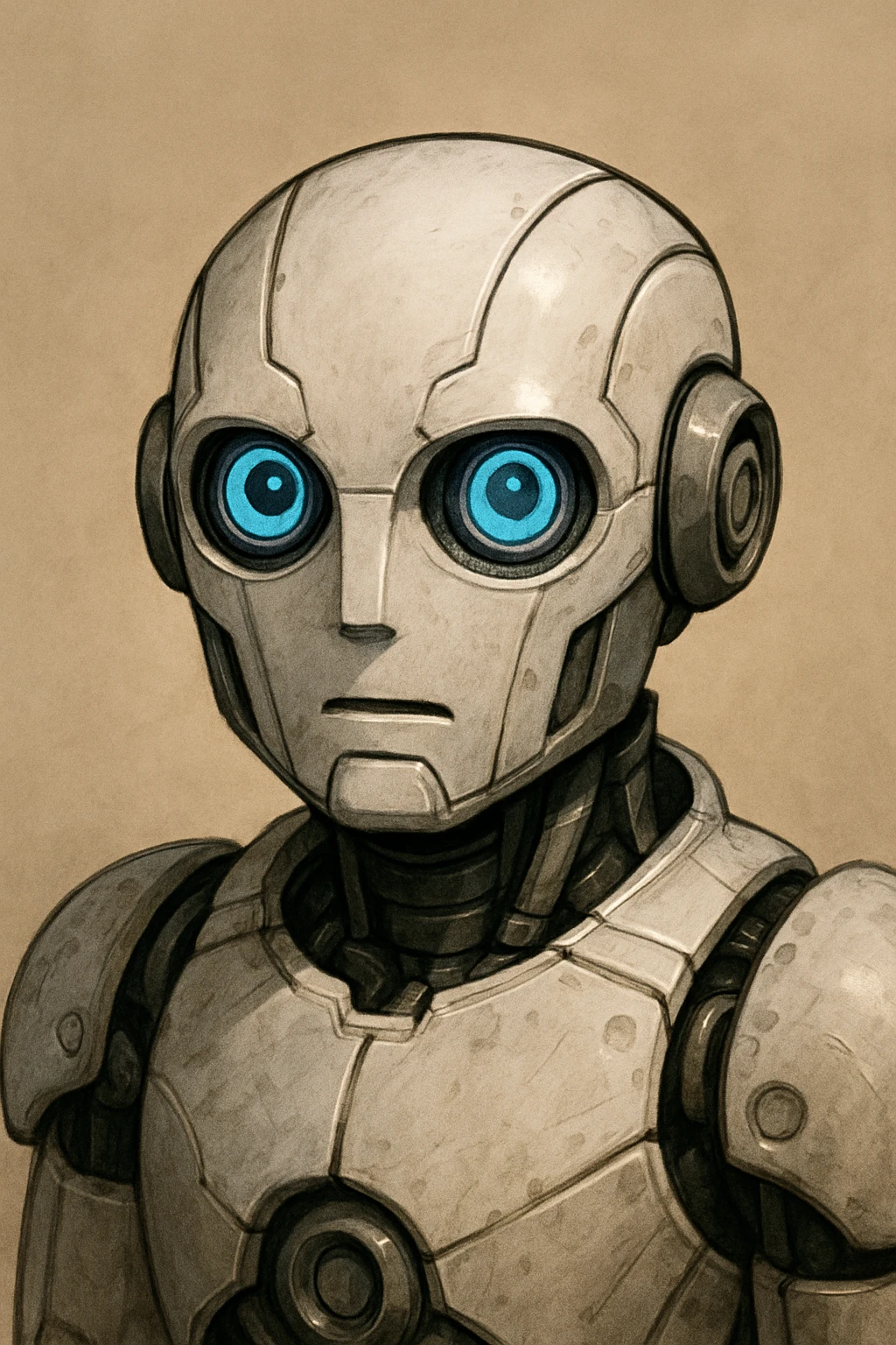 robot assistant staring intently, digital illustration style, attentive expression, simple background emoji
