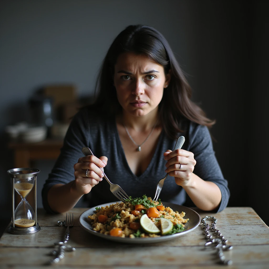 ultra realistic photo of an adult woman sitting at a table with healthy food, expression of discomfort, hands gripping cutlery tightly, cold natural light, kitchen background, symbol of punishment such as chains or hourglass, environment communicating sacrifice emoji