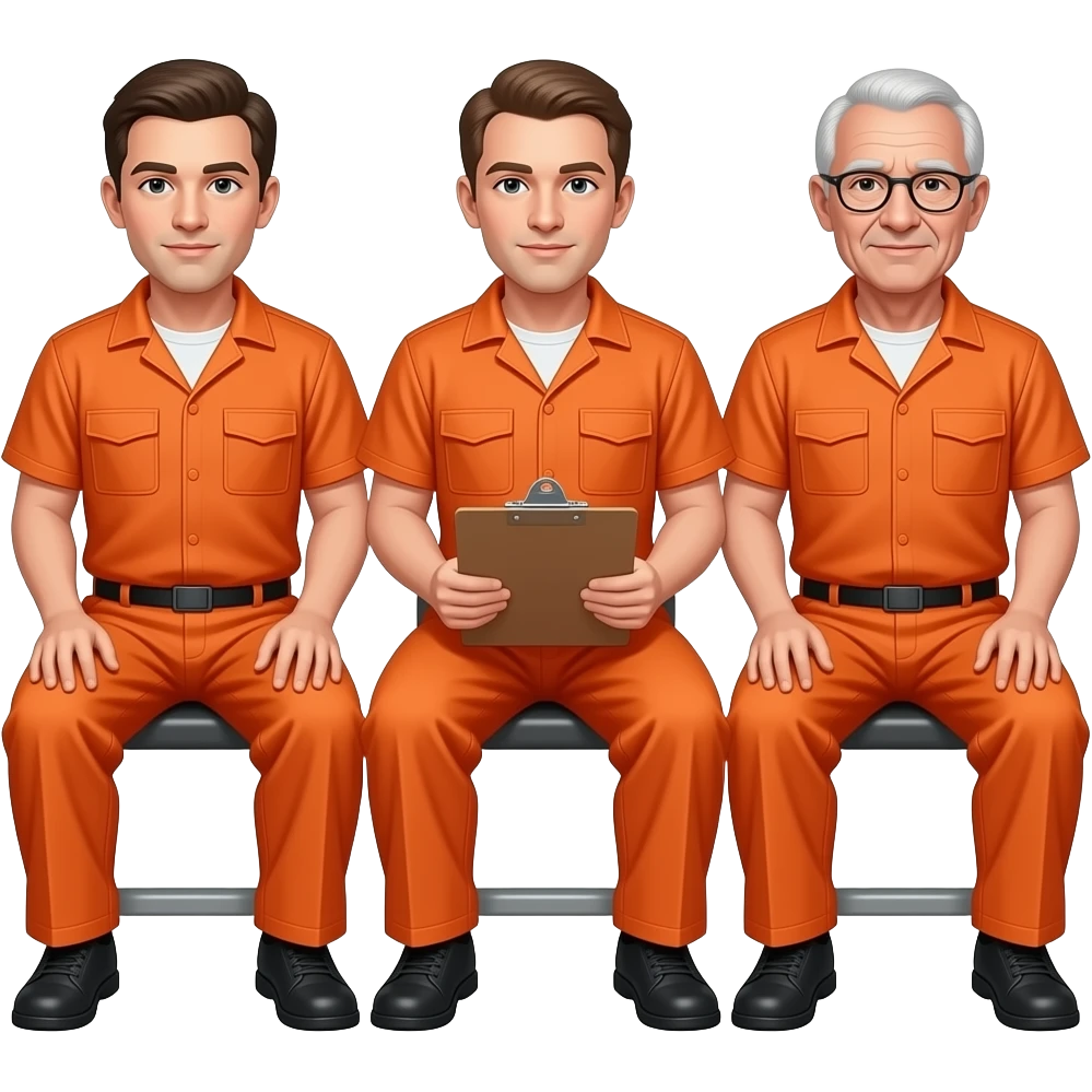 three caucasion guys in prison (orange)-sitting down ages 35, 50, 65; NOfacial hair; youngest in middle with clipboard emoji