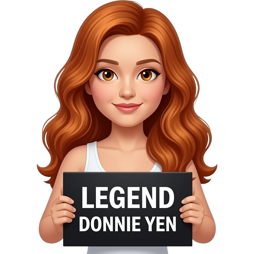 sexy girl with long wavy ginger hair and ginger eyes wearing a white tanktop is holding a black colored sign with LEGEND DONNIE YEN written on it emoji