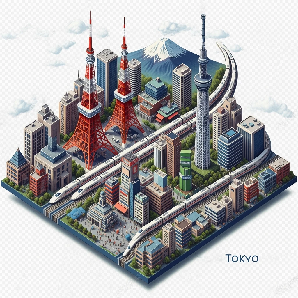 Isometric illustration of Tokyo, with Tokyo Tower, Skytree, Shibuya Crossing, Mount Fuji in background, high-speed trains, subtle 3D miniature effect and Tilt Shift effect, no cartoonish look, transparent background. emoji