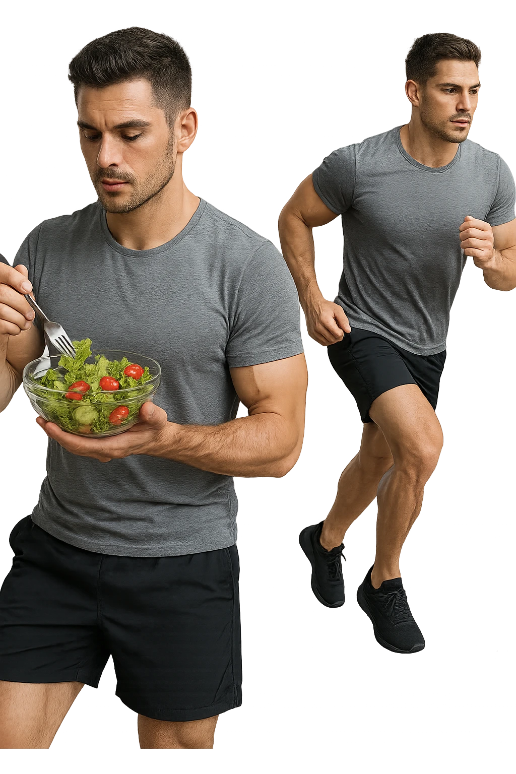 uomo fitness che mangia insalata accanto a uomo identico esteticamente che corre, iperrealistici 4k emoji