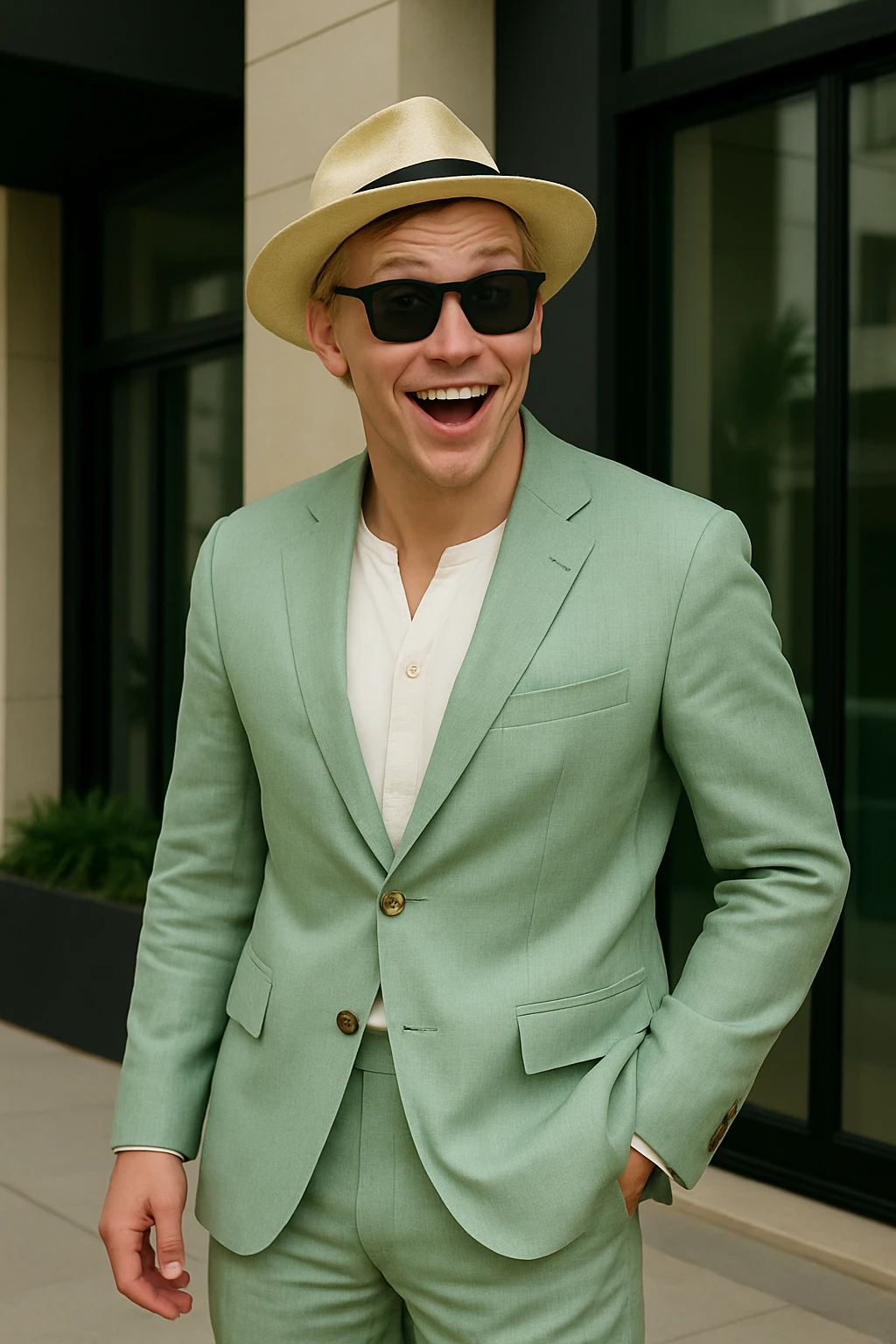 Make the man more animated and Scandinavian with lively expression and Scandinavian features. Keep the light green linen suit, sunglasses, and straw hat. emoji