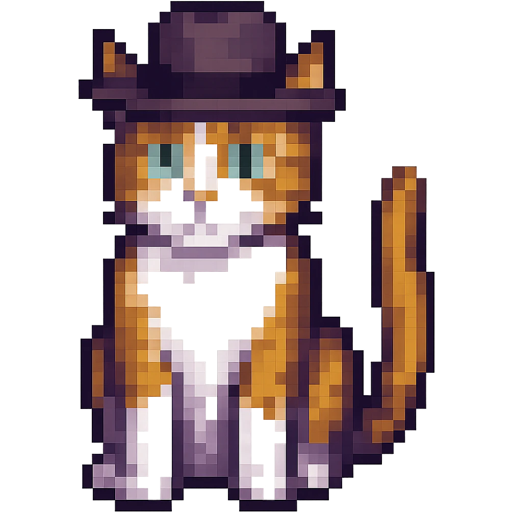 A pixel art cat with a hat, no background. emoji