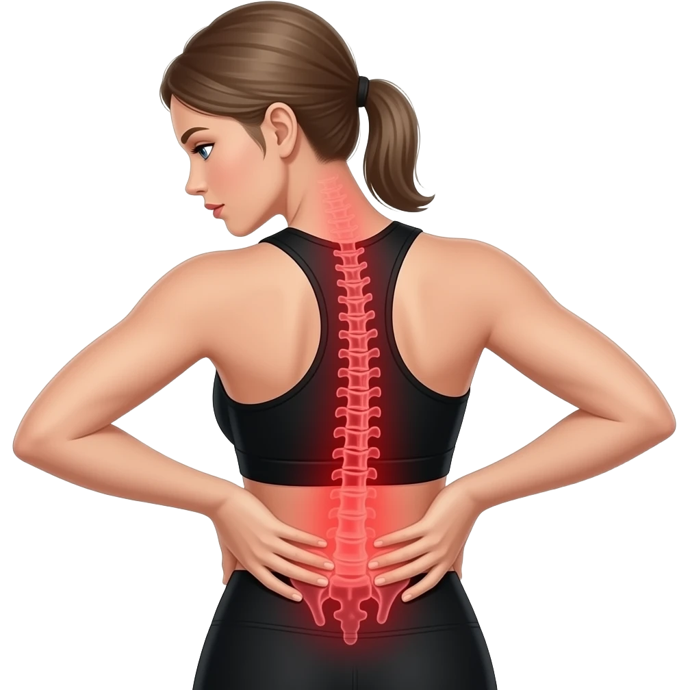 back pain, full red glow covering the entire back with clear spine highlight, woman with hands on lower back, fair-skinned woman, gray-blue eyes, ash brown brows, ash light brown hair tied back, slim athletic body, black workout set emoji