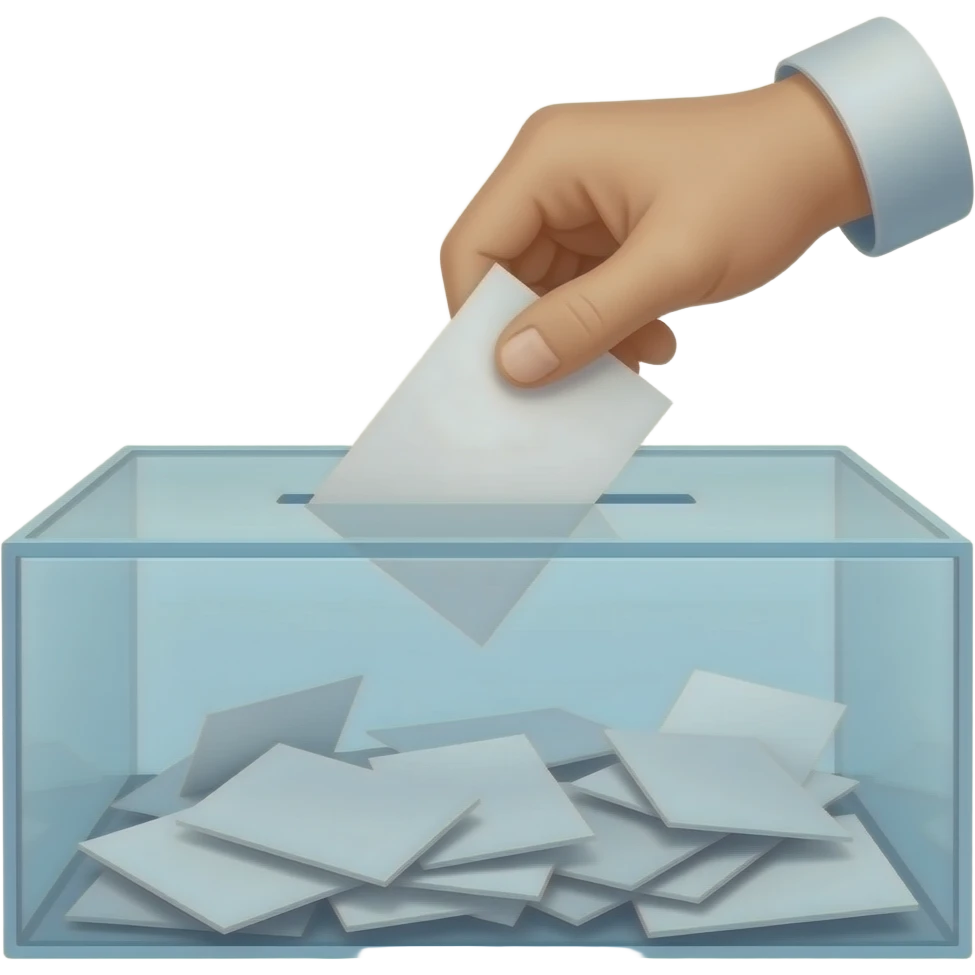 Close-up of a hand placing a paper ballot into a glass box, clean minimalist lines, vintage aesthetic, soft lighting, symbolic of democratic choice and civic duty. emoji