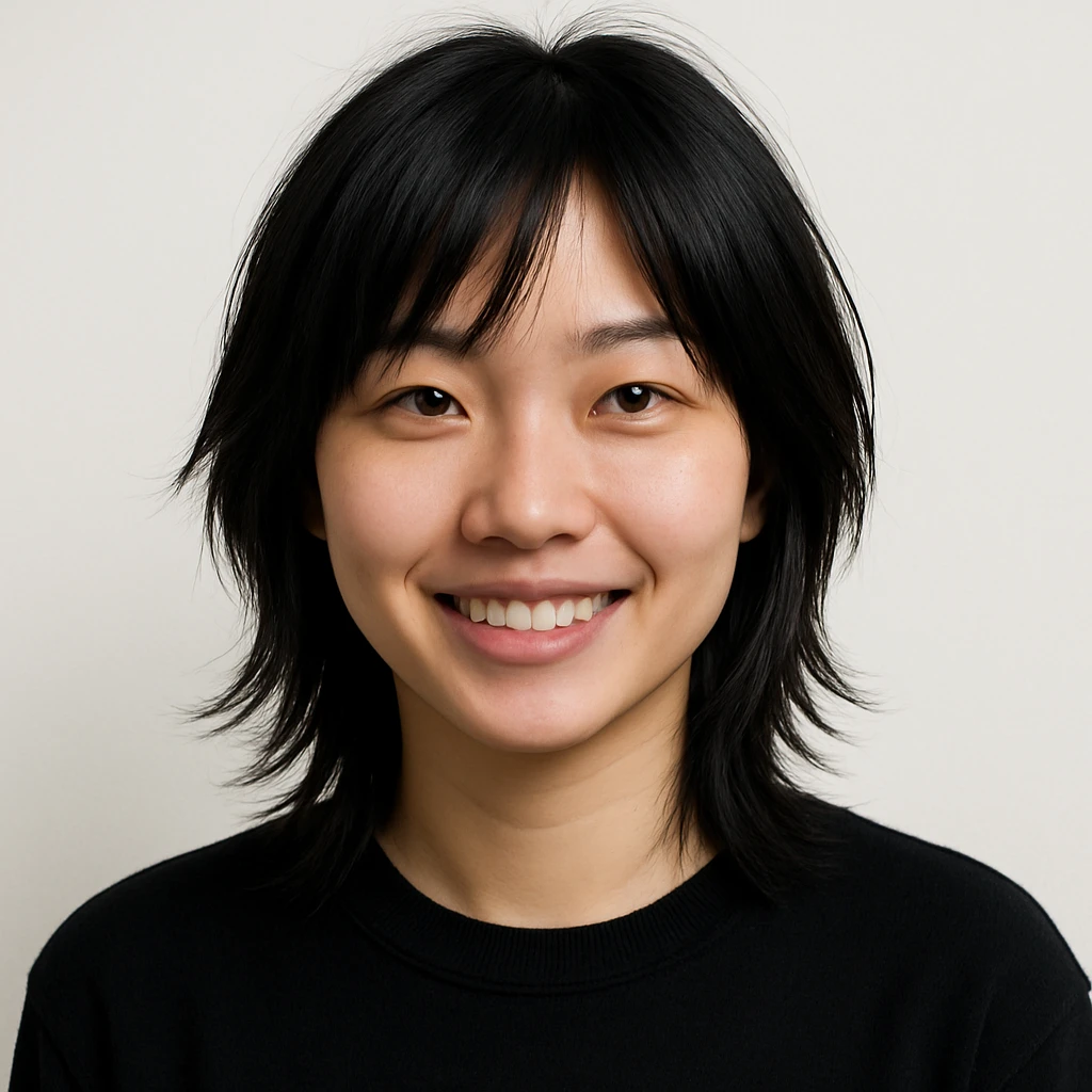 portrait of a Chinese girl with black layered hair, modern, friendly expression, clean background emoji