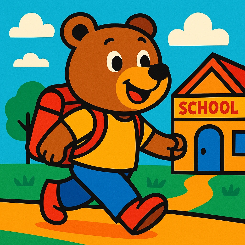 a bear walking to school, cheerful, cartoon style, vibrant colors emoji