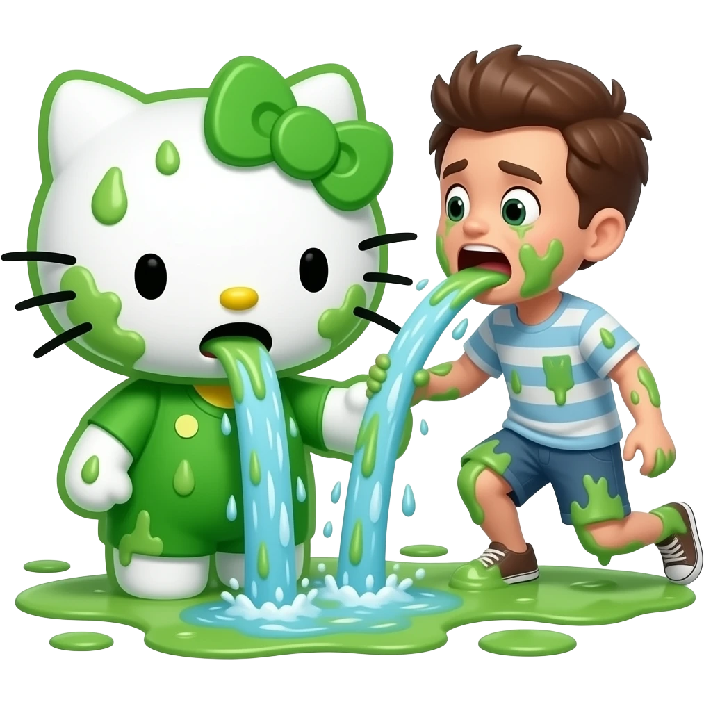 A green and white Hello Kitty with a vomit-covered face meets a silly person; she vomits a lot in the process, covering the ground in vomit; a Niagara Falls of vomit pours out of her mouth emoji