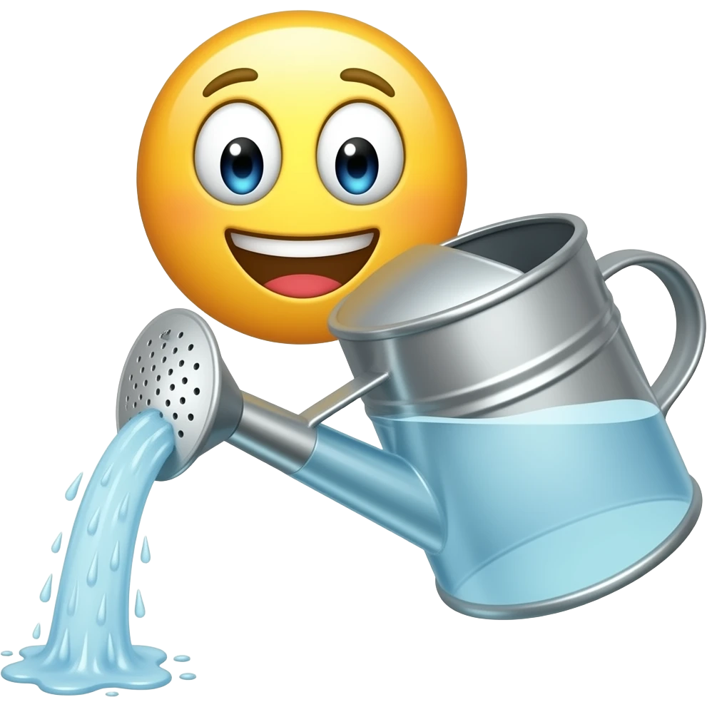 a watering can full of water with a smiling face on it, make the face more like an emoji and have water pourin out emoji