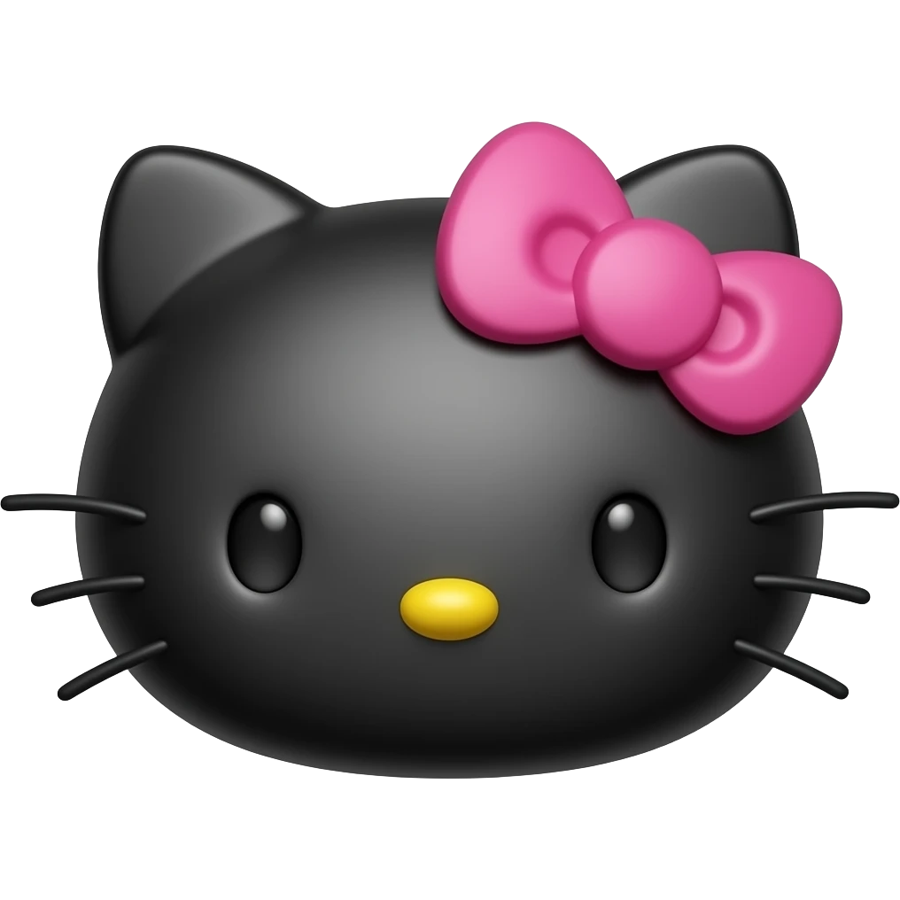 Recreate this Hello Kitty-style 3D emoji, keep the same design, change the face color to black, keep eyes and whiskers pink, bow pink, nose yellow, smooth glossy 3D style, centered, no background, high resolution. emoji