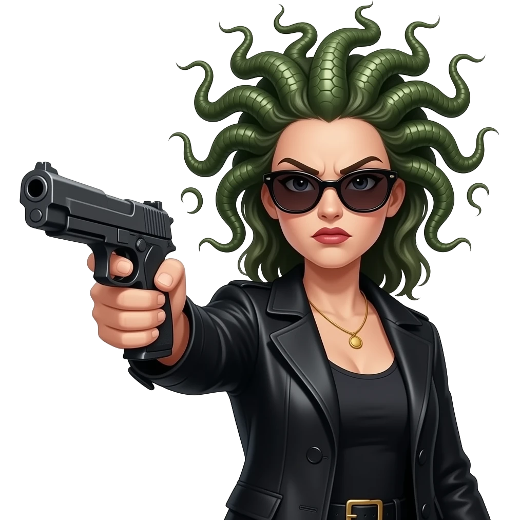 Angry beautiful female Medusa in black coat with sunglasses holding gun emoji