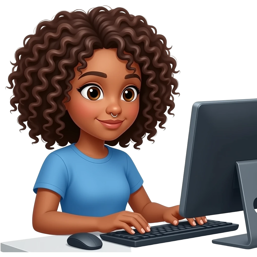 light-skinned black girl with curly brown hair with a piercing on the left nostril and coding in front a PC emoji