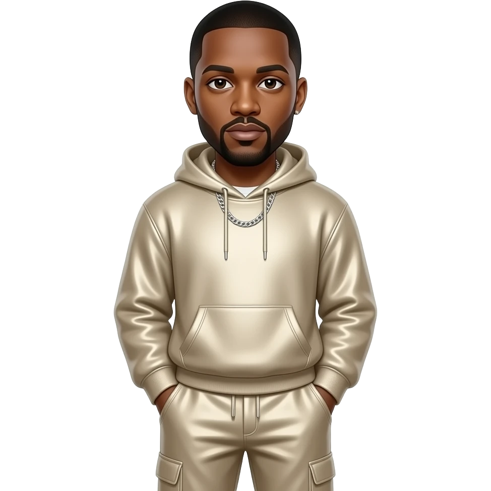 Kanye West with dark brown eyes, black hair, beige metallic sweatshirt, beige metallic baggy pants, silver necklace emoji