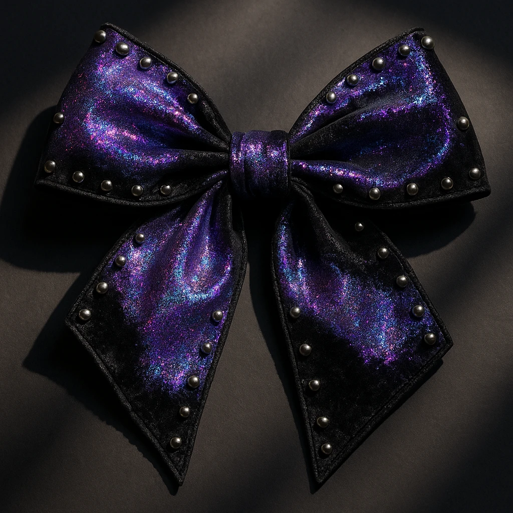 goth bow with velvet texture, holographic purple and black, silver studs, dramatic shadows, holographic effect emoji