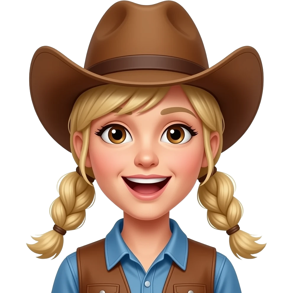 Cowgirl with slim face, open mouth, brown eyes and blonde pigtails emoji