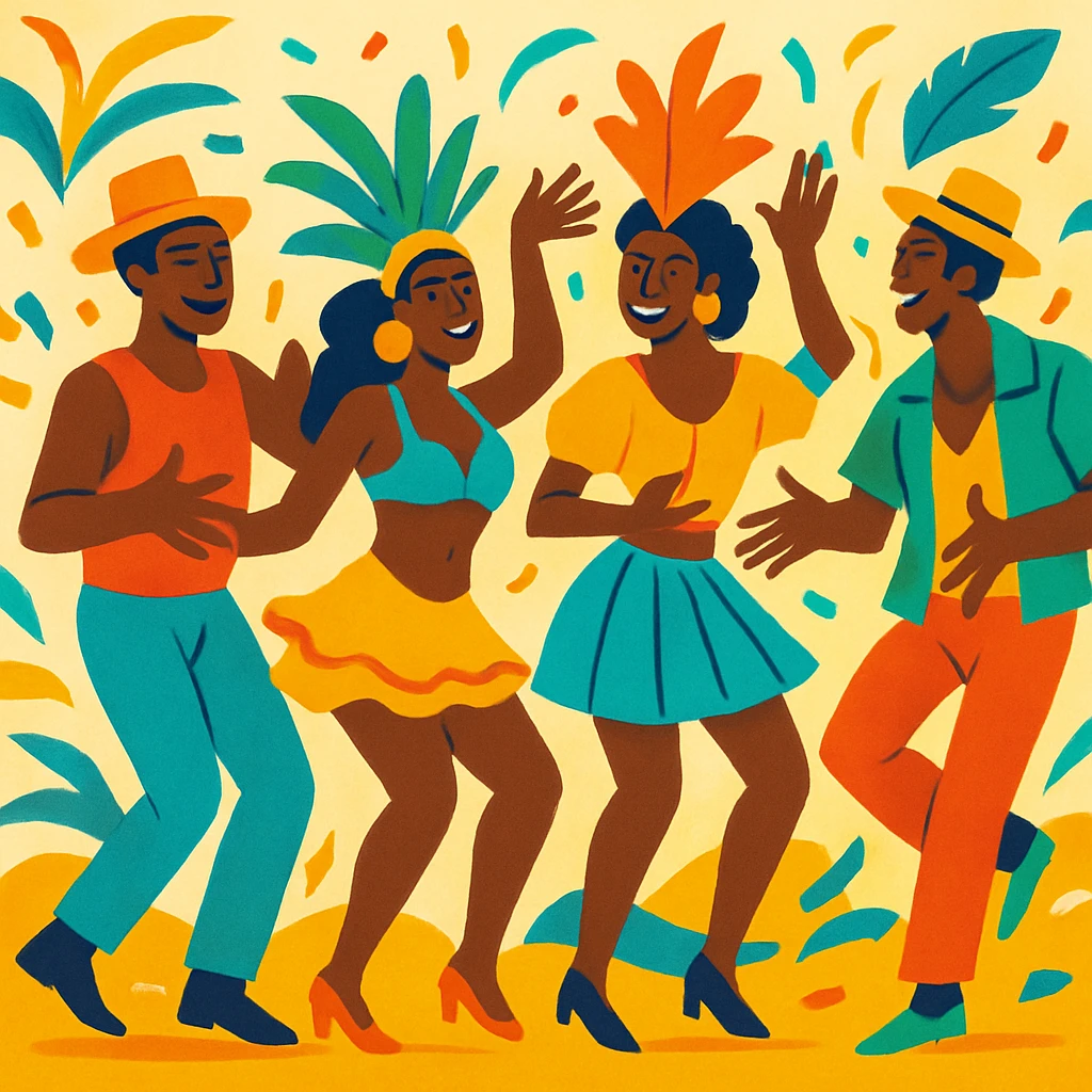 Black dancers performing samba, hands inviting, energetic, lively, bright costumes, celebration mood emoji