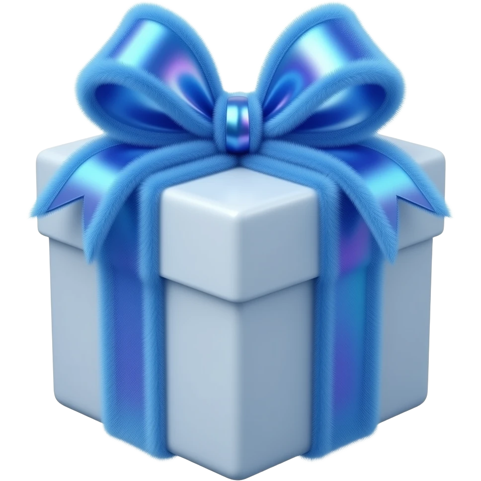 Hyperrealism wrapped gift, with a big realistic, detailed, shimmery blue iridescent slightly translucent fluffy 3D ribbon emoji