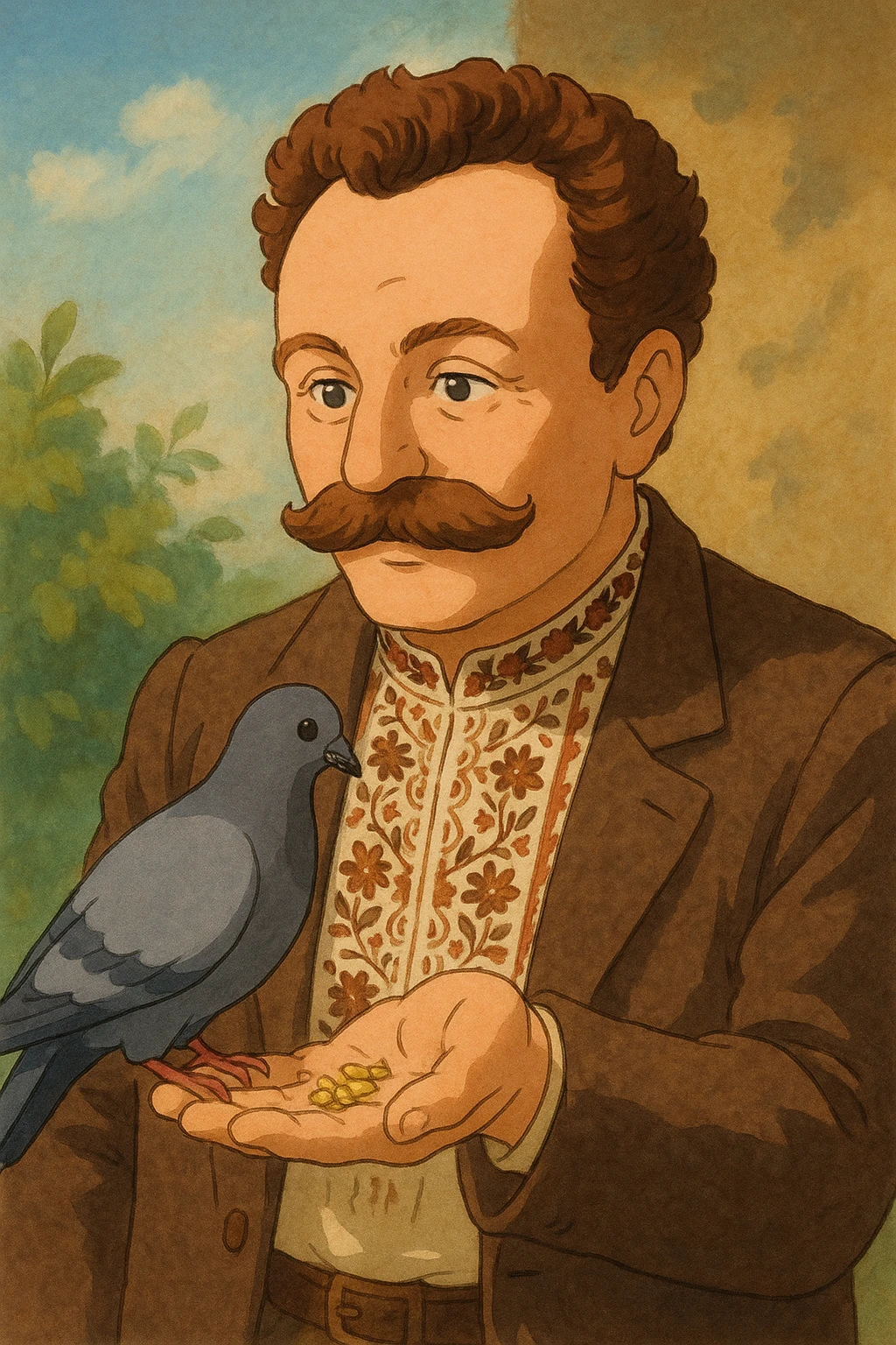 feeds a pigeon from his hand emoji