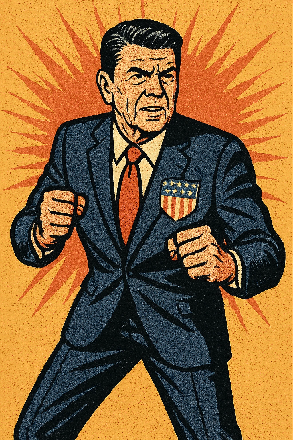 The full body of US President Reagan looking determined with his fists out ready to fight. He has a large US flag badge on his chest emoji
