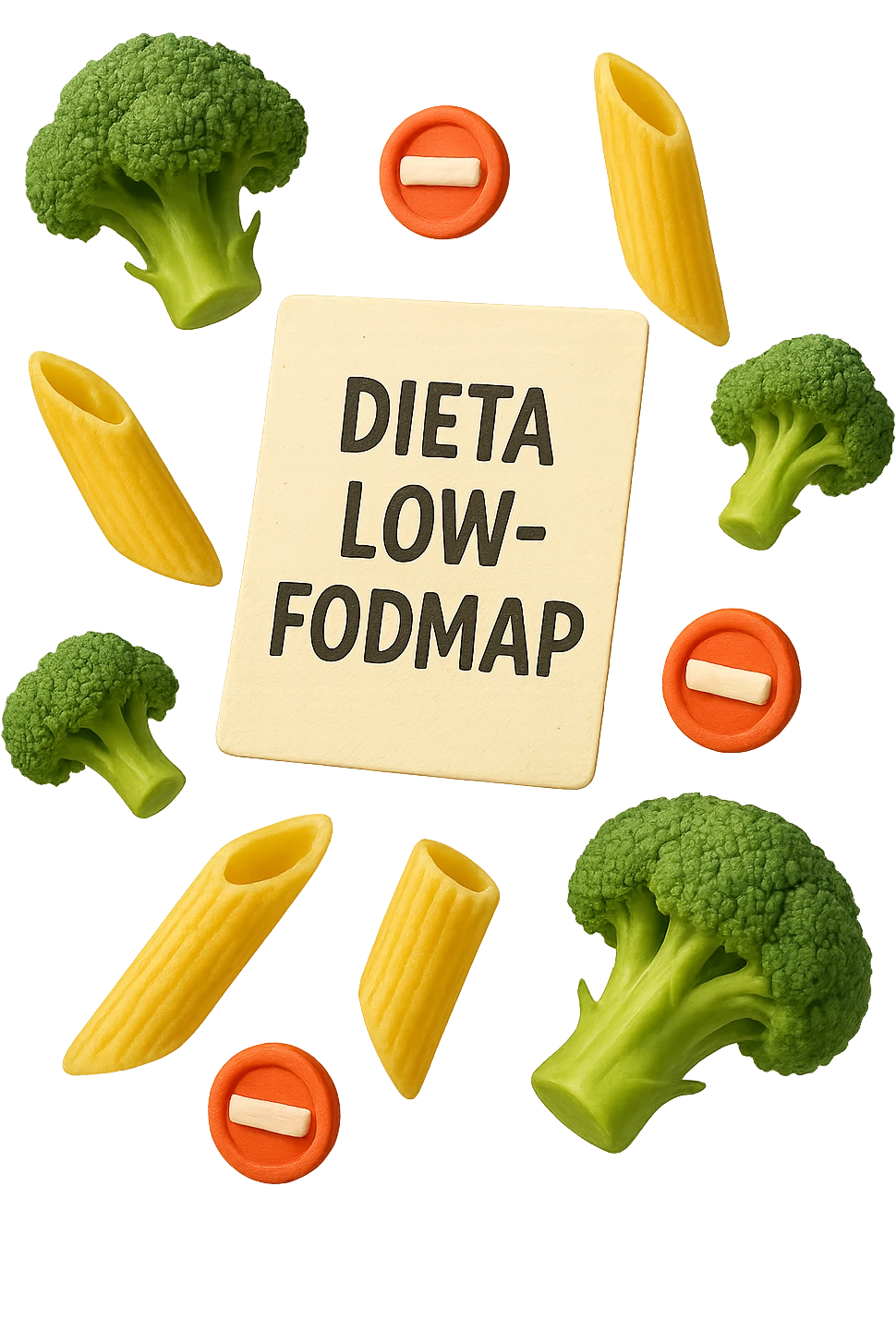 BROCCOLETTI E PENNE DI PASTA RIGATE FLUTTUANO IN ARIA insieme a piccoli divieti 3d, DAVANTI A LORO FLUTTUA UN FOGLIO CON LA SCRITTA "dieta low-fodmap" emoji