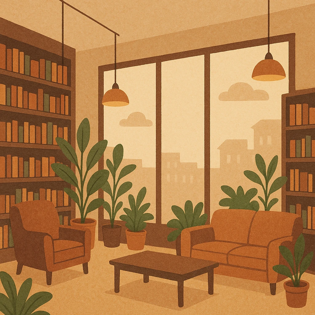 modern bookstore in urban setting, large windows, plants, comfortable seating, modern lighting emoji