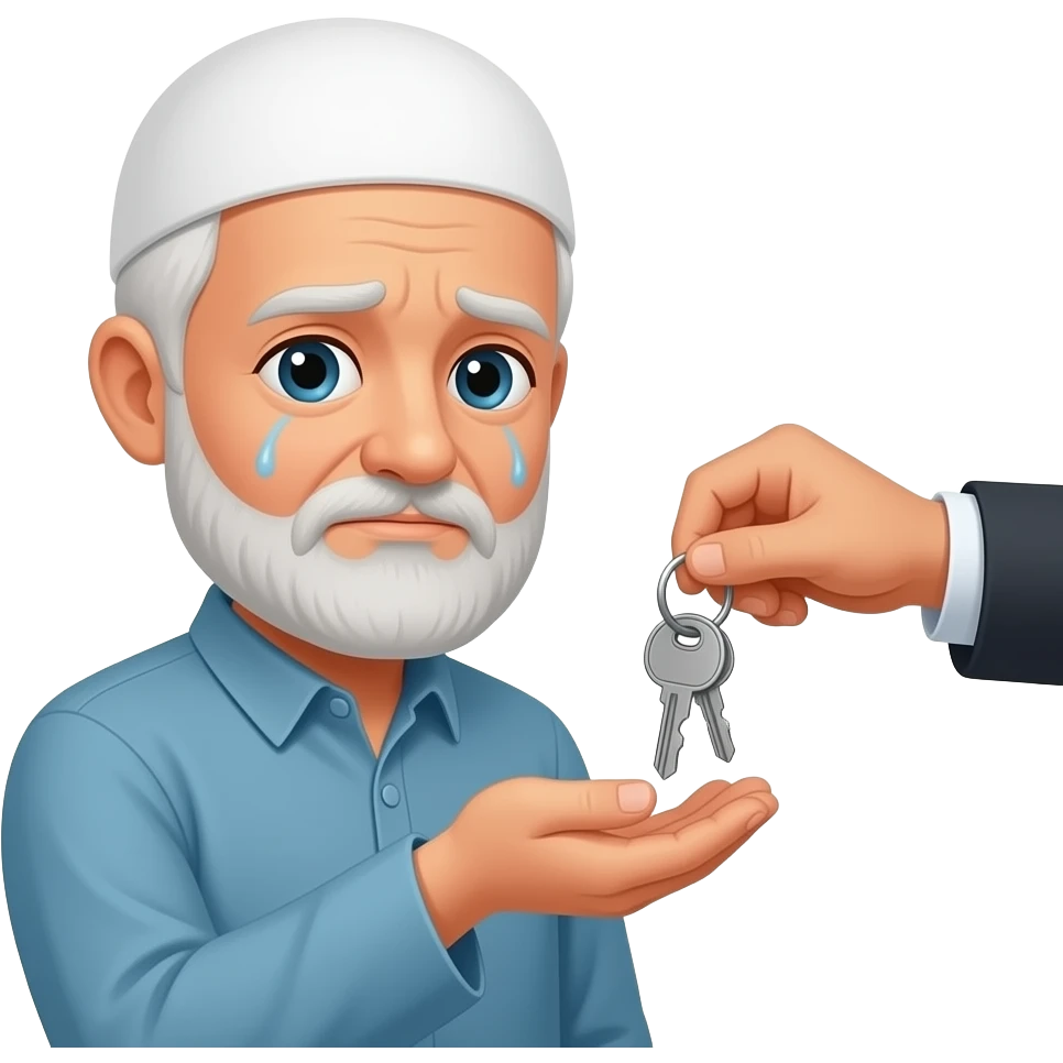 у грустного  пожилгого мужчины мусульманина забирают ключи другие люди emoji