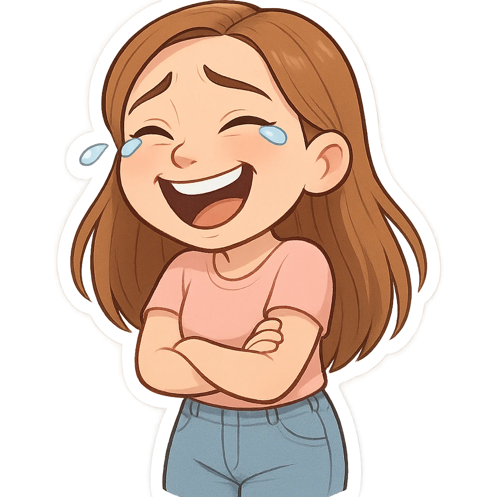 3D cartoon sticker of a 30-year-old woman with long light brown hair below shoulder blades, fair skin, large expressive blue eyes, slight bump on nose, wearing a pastel pink t-shirt and light blue mom jeans, laughing to tears expression, DreamWorks style, soft light, white sticker outline emoji