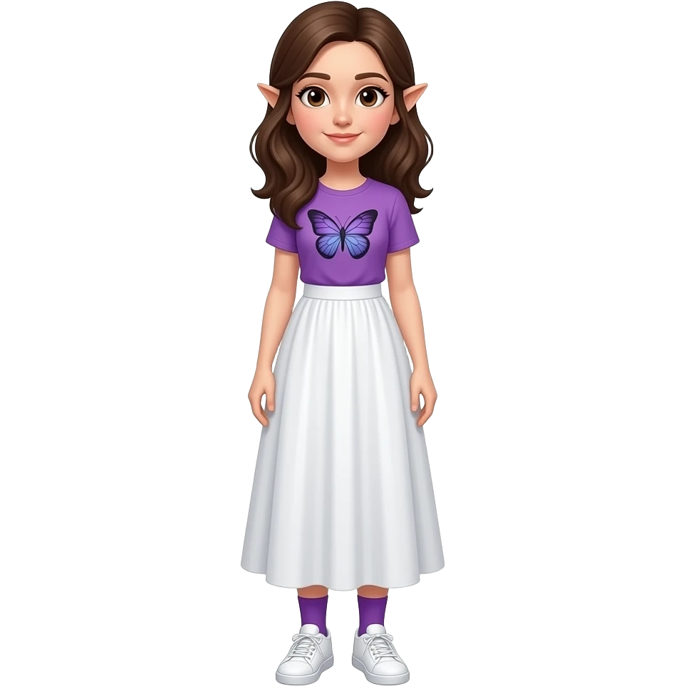 An adult woman with white/fair skin, brown hair, brown eyes and pointy ears and wearing a long white skirt, a purple butterfly shirt, purple socks and white sneakers.. emoji