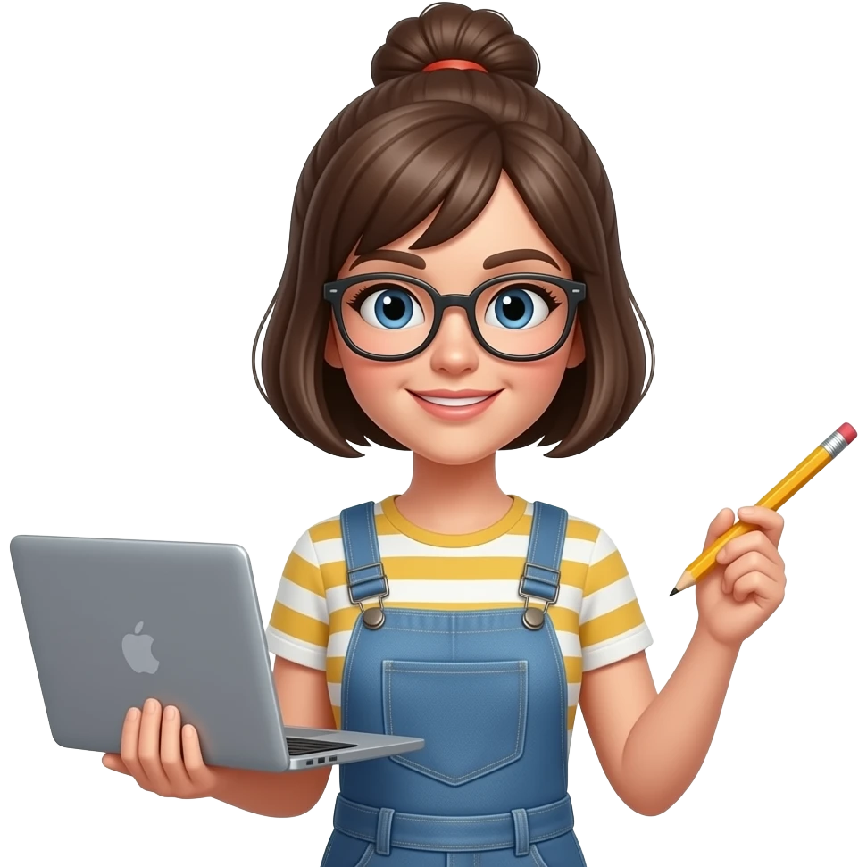 노트북과 연필을 각각 양손에 든 안경쓴 여자머리는 하나로 묶은 단발 창의적으로 보이게 emoji