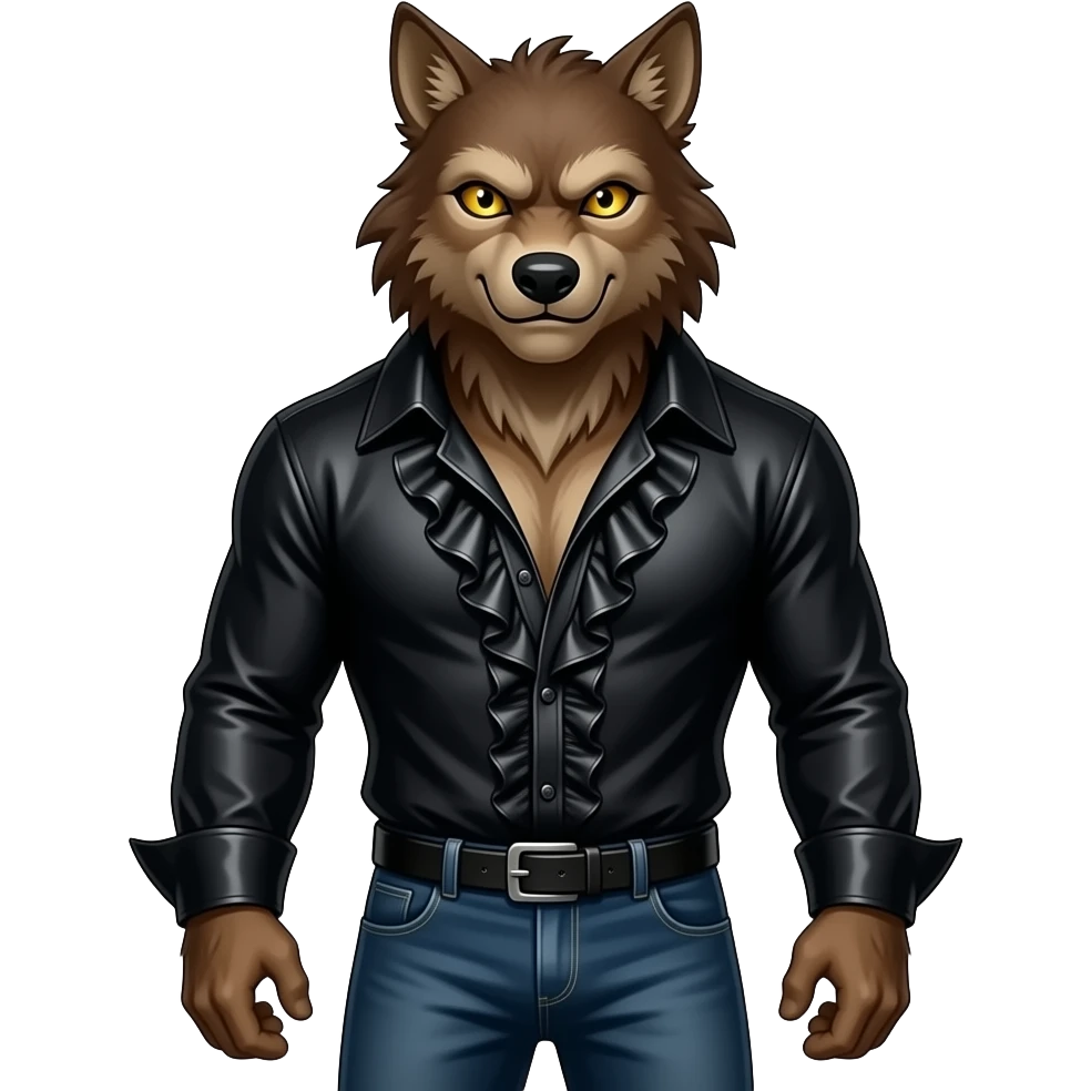 The Werewolf from Horror Film Heroes and Villains with gold eyes, brown fur, black metallic ruffle shirt emoji
