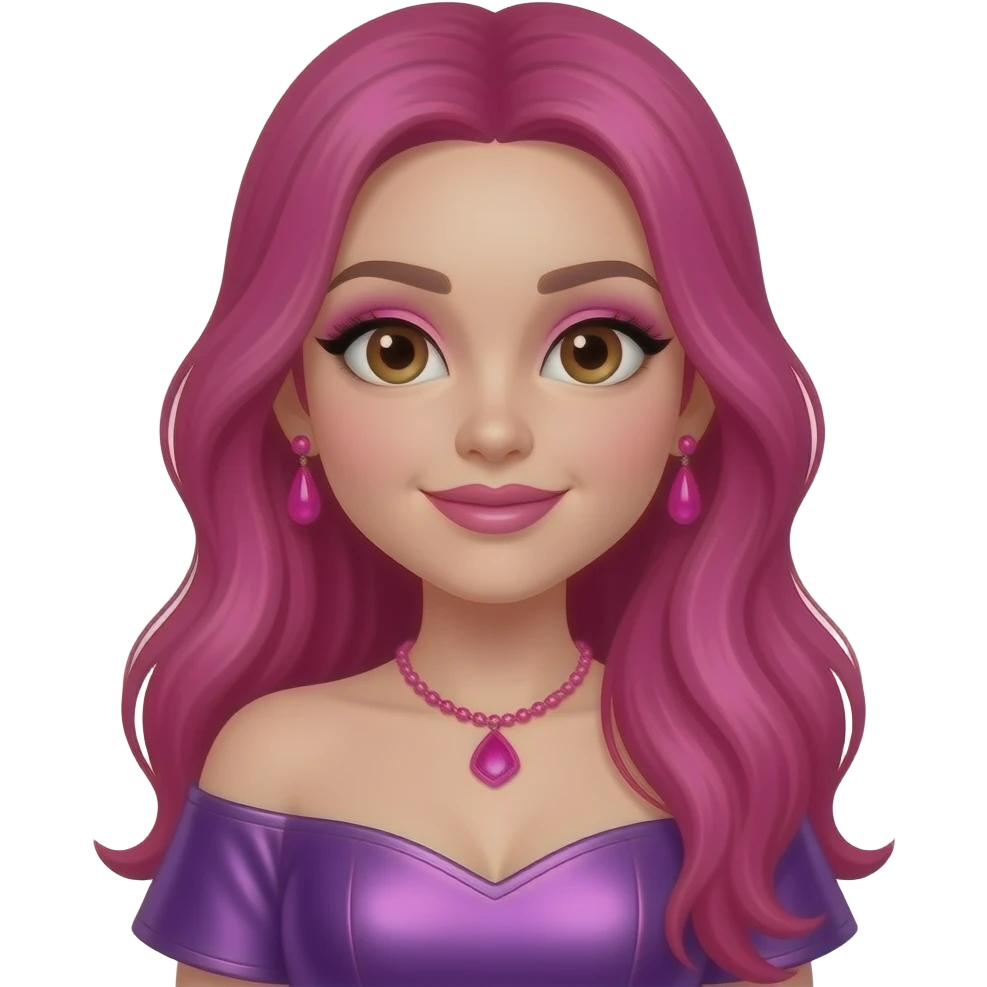 YammyXOX with brown eyes, long fuchsia hair, fuchsia eyeshadow, pink lipstick, purple metallic off-shoulder dress, hot pink necklace and earrings emoji