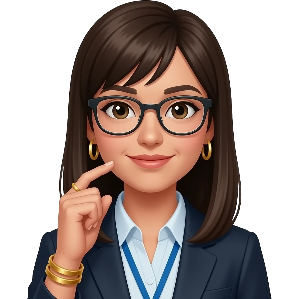 dark brown straight hair, glasses, marketing, recruiting, gold bracelets and gold earrings emoji