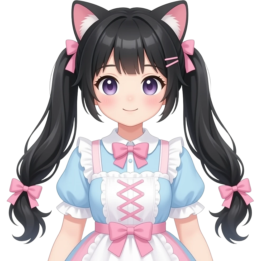 genmoji shiny blushing cute kawaii pastel lolita anime catgirl pigtails trending style cottagecore black hair emoji