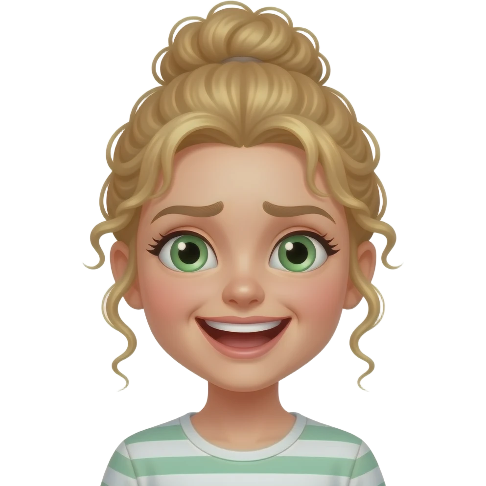 blonde girl with green eyes and curly bun laughing with eyes creased emoji