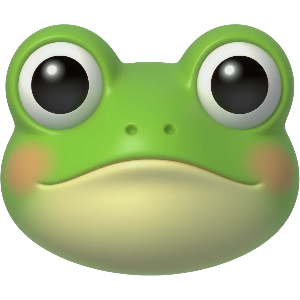 Frog & Peach Pub: stylish 3D emoji style, glossy surface, soft shadows, white background, centered, no text, cute frog character, big expressive eyes, bright green, emoji