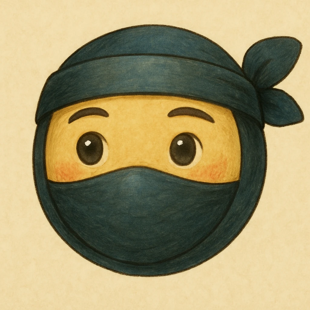 ninja emoji, masked face, headband, gentle expression, soft shading, ghibli-inspired icon style emoji