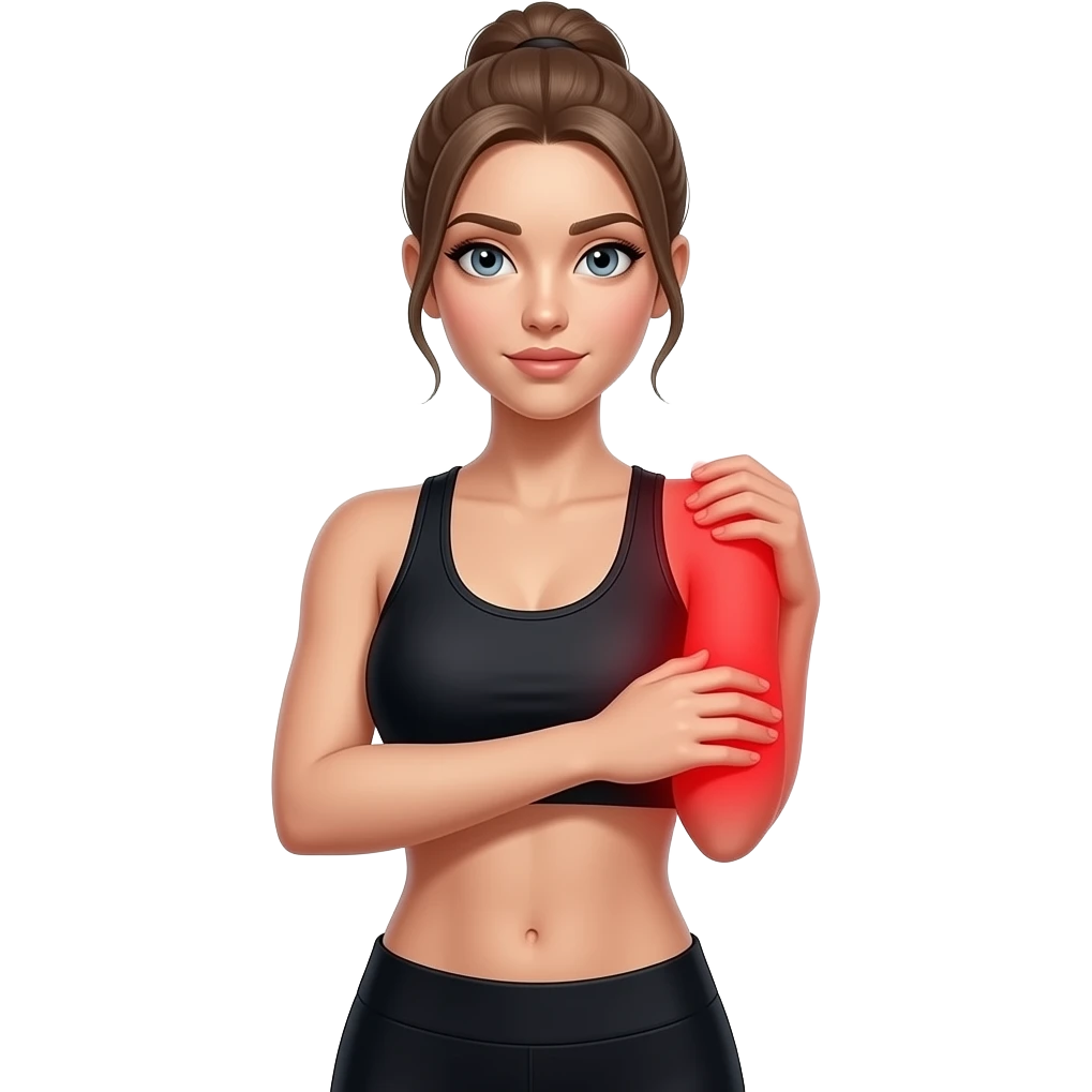 arm pain, full red glow covering both arms from shoulders to hands, woman holding one arm, fair-skinned woman, gray-blue eyes, ash brown brows, ash light brown hair tied back, slim athletic body, black workout set emoji