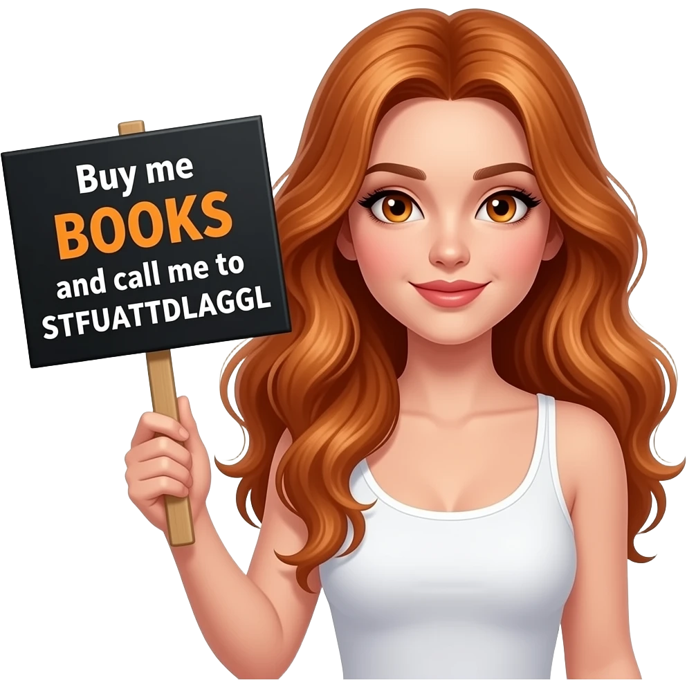 sexy girl with long wavy ginger hair and ginger eyes wearing a white tanktop is holding a black colored sign with Buy me BOOKS and call me to STFUATTDLAGGL written on it emoji