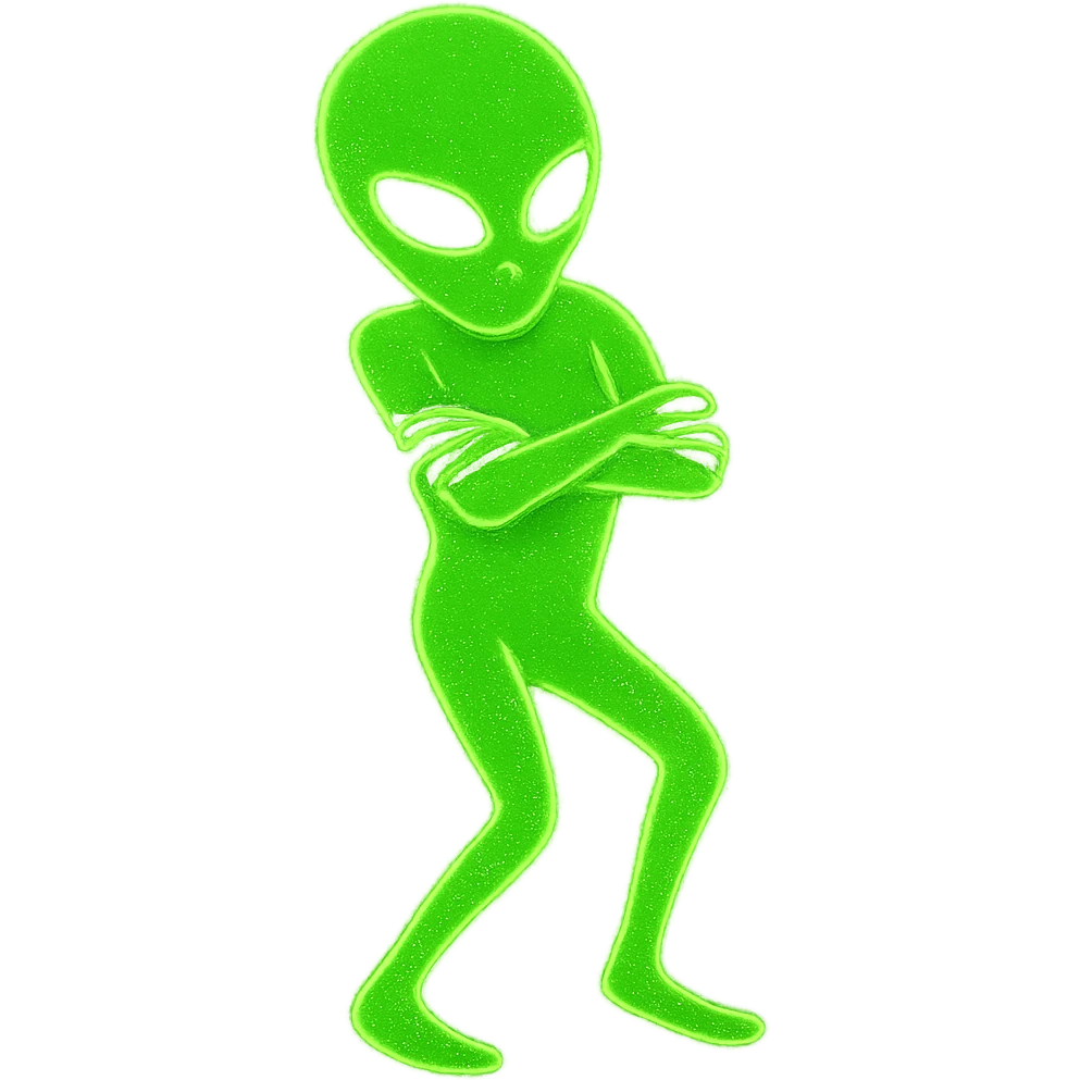 Edit the alien dancing neon green image to have crossed arms and a slightly changed pose for animation frame 5. Keep it almost identical to the reference with a transparent background. emoji