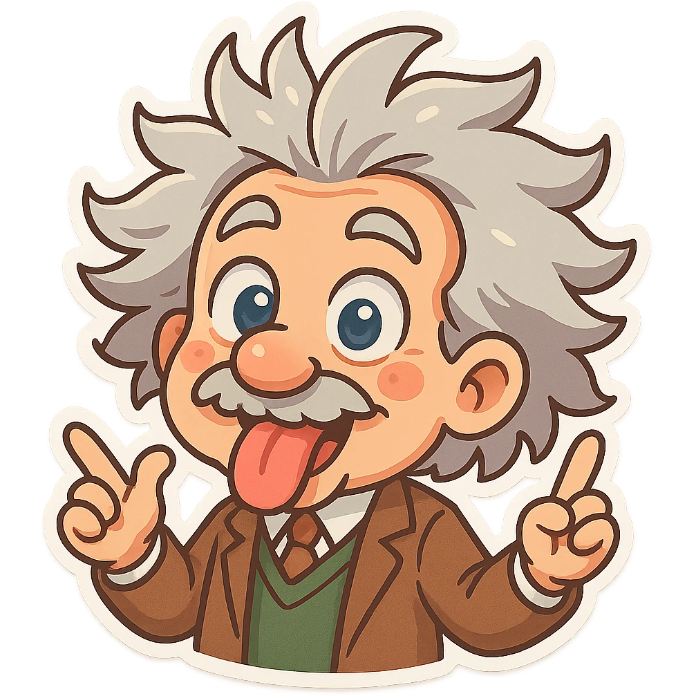Einstein with wild hair, exaggerated silly features, zany face, cartoon style, playful and vibrant emoji