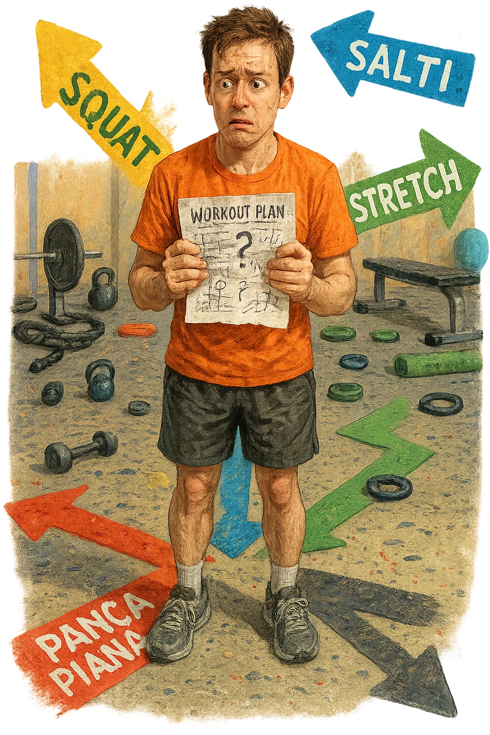 a person stands in the center of a gym, surrounded by arrows pointing in all directions, each labeled with a different exercise (e.g., “squat,” “Salti,” “stretch,” “Panca Piana”). The person looks bewildered, holding a workout plan with scribbles and question marks. The scene is colorful but visually messy, symbolizing confusion. in italiano immagine iperrealistica emoji